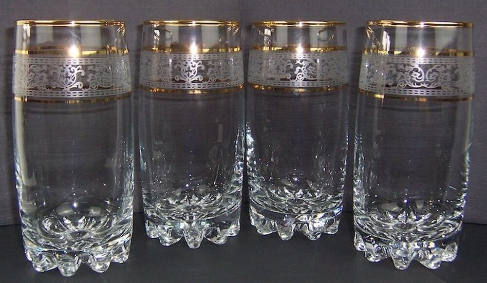 Vintage Paloma Gold & Lace Crystal Highball Glasses Set of 4 Hand Decorated